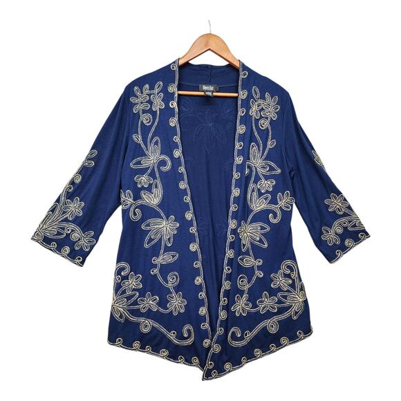 Objects D’Art Jacket Women MEDIUM Navy Blue Soutache Gold Trim Boho Cardigan - Picture 9 of 15
